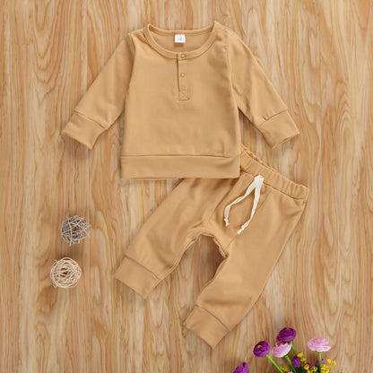 Children's Clothing Autumn And Winter Amazon Foreign Trade Explosion Models Baby Children Round Neck Solid Color Long Sleeve Two-piece suit