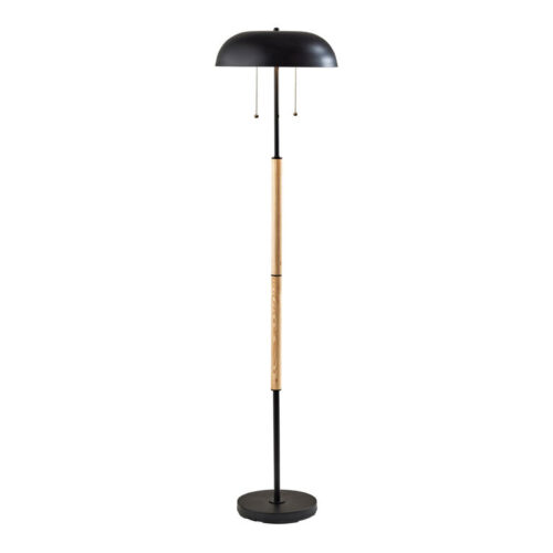 Brooks Black Metal Dome and Natural Wood 2 Light Floor Lamp