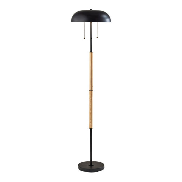 Brooks Black Metal Dome and Natural Wood 2 Light Floor Lamp
