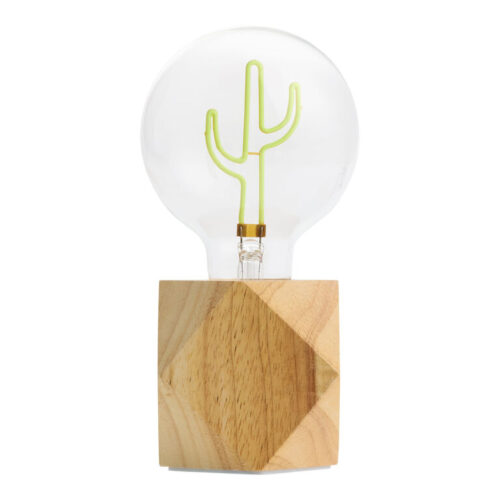 Green Cactus and Natural Wood Faceted LED Accent Lamp
