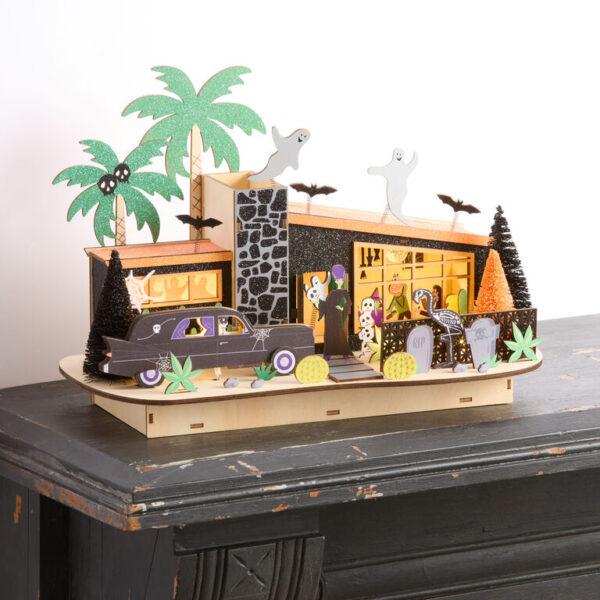 Laser Cut Wood Hearse House Halloween LED Light Up Decor Laser Cut Wood Hearse House Halloween LED Light Up Decor