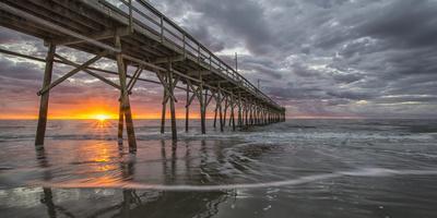 Beach, ocean, waves and pier at sunrise, Sunset Beach, North Carolina, United States of America, No - Photographic Print, 24x12