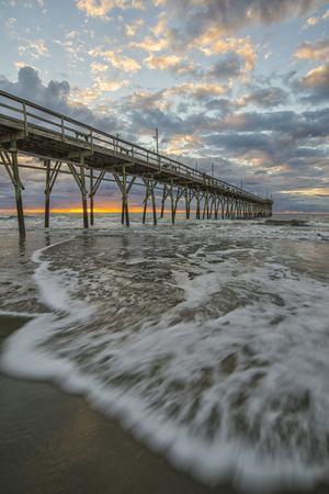 Beach, ocean, waves and pier at sunrise, Sunset Beach, North Carolina, United States of America, No - Photographic Print, 8x12