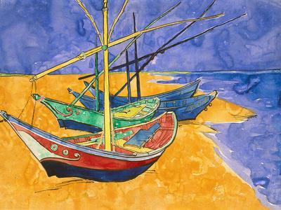 Fishing Boats on the Beach at Saintes-Maries-De-La-Mer - Giclee Print, 16x12